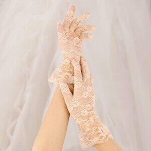 Women Beige Short Tea Wedding Bridal Fashion Opera Halloween Cosplay Lace Gloves